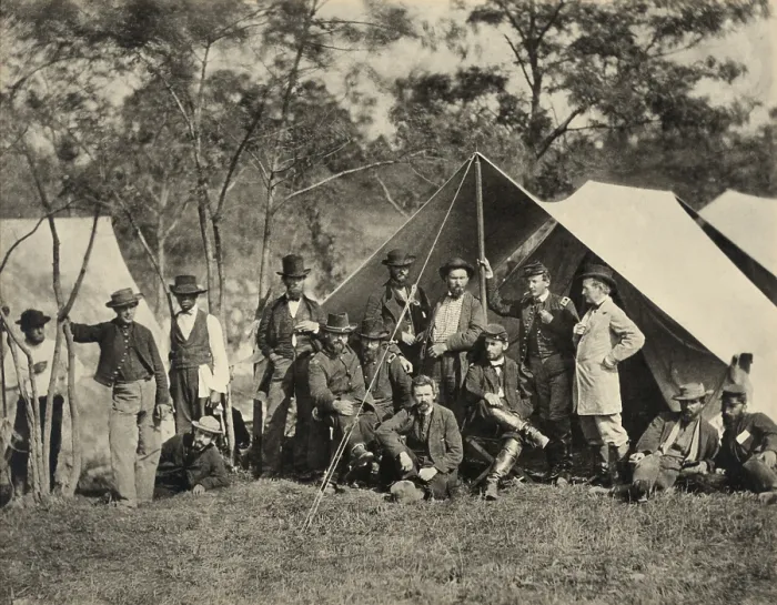 Framed Print : Allan Pinkerton, and Union Army officers in front of his tent headquarters at Antietam, Oct. 1862 Framed Print : Allan Pinkerton, and Union Army officers in front of his tent headquarters at Antietam, Oct. 1862