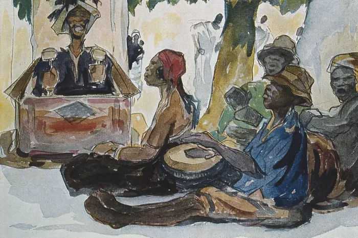 Framed Print : ALLARD L'OLIVIER, Fernand (1883-1933). Colonial Africa. Belgian Congo (1908-1960). Kabinda village orchestra. 1926. Watercolour