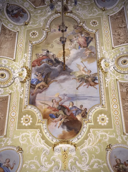 Framed Print : Allegoric Ceiling, by Francesco Zugno, 18th century, fresco - Italy, Veneto, Venice, Pisani Palaces. Whole artwork view. Figures with playing angels in a rich decorated frame