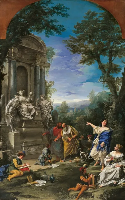 Framed Print : Allegoric Tomb of Robert Boyle, John Locke e Thomas Sydenham, by Nunzio Ferrajoli, Donato Creti, 1729 about, 18th Century, oil on canvas, cm 220 x 138 - Italy, Emilia Romagna