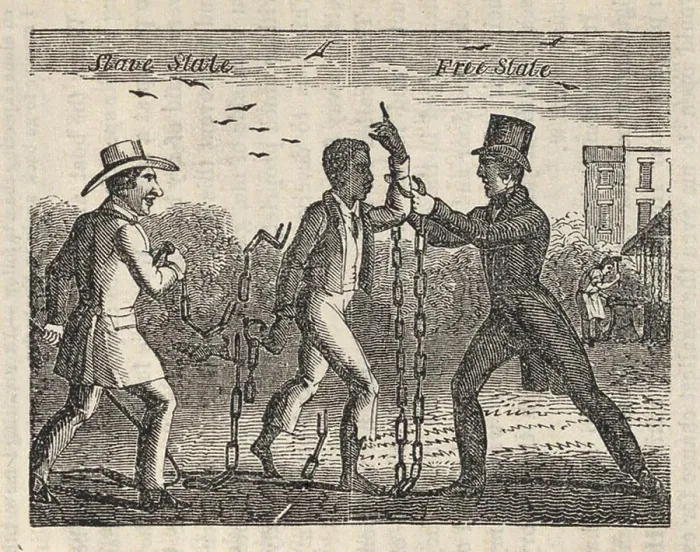 Framed Print : Allegorical illustration of a slave's transition to liberty as he escapes his owner and is embraced by an Abolitionist in a Free State