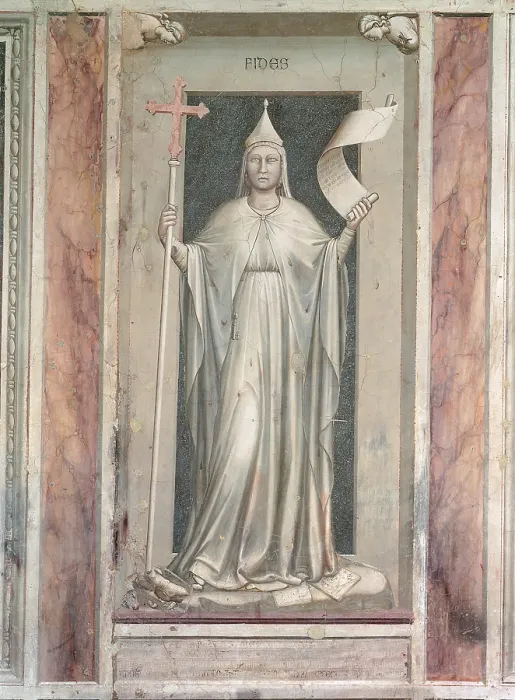 Framed Print : Allegories of Virtues and Vices, by Giotto, 1304 - 1306 about, 14th Century, fresco, cm 120 x 60 - Italy, Veneto, Padua, Scrovegni Chapel Framed Print : Allegories of Virtues and Vices, by Giotto, 1304 - 1306 about, 14th Century, fresco, cm 120 x 60 - Italy, Veneto, Padua, Scrovegni Chapel