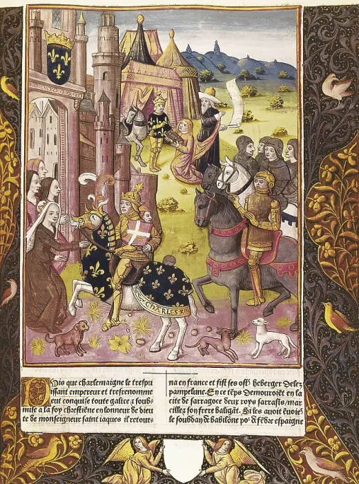 Framed Print : Allegory of Charlemagne's reign. Illustration of 'Grandes Chroniques de France', edition by Antoine Verard (15th century). ITALY. Turin Framed Print : Allegory of Charlemagne's reign. Illustration of 'Grandes Chroniques de France', edition by Antoine Verard (15th century). ITALY. Turin