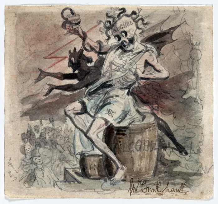 Framed Print : Allegory of the demon Alcohol. Watercolor by George Cruikshank ca. 1830s