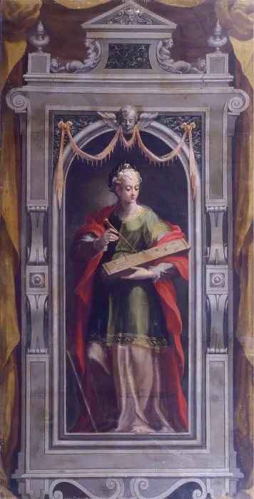 Framed Print : Allegory of Music, by Soens Jan also known as The Flamish, 1590, 16th Century, oil on canvas, 300 x 156 cm - Italy, Marche, Pesaro, Civic Collections. Whole artwork view Framed Print : Allegory of Music, by Soens Jan also known as The Flamish, 1590, 16th Century, oil on canvas, 300 x 156 cm - Italy, Marche, Pesaro, Civic Collections. Whole artwork view
