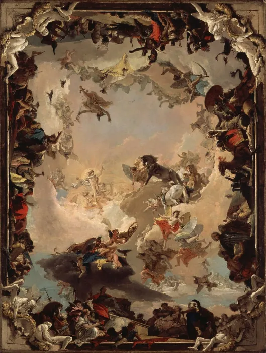 Framed Print : ALLEGORY OF THE PLANETS AND CONTINENTS, by Giovanni Battista Tiepolo, 1752, Italian oil painting. Fantastic scene of Apollo embarking on his daily course across the sky