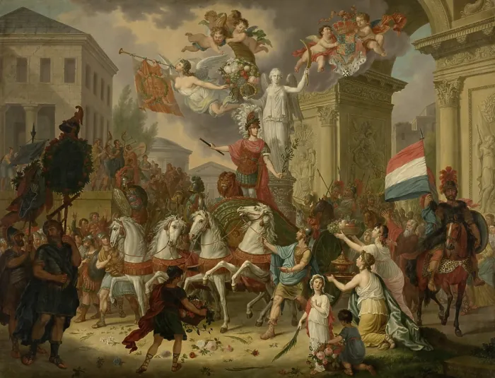 Framed Print : Allegory of the Triumphal Procession of the Prince of Orange, the Future King Willem II, as the Hero of Waterloo, 1815, Cornelis van Cuylenburgh, 1815, Dutch painting