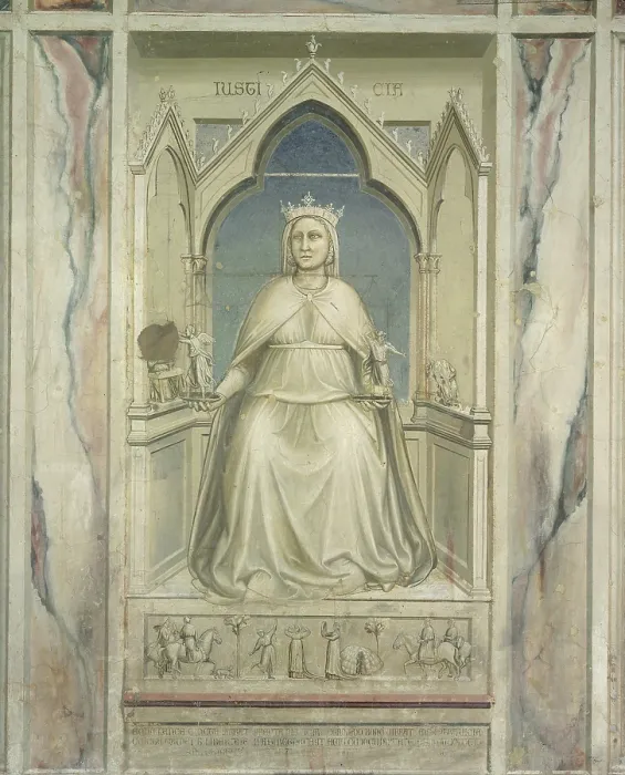Framed Print : Allegory of Vice and Virtue Justice, by Giotto, 1306 about, 14th Century, fresco, cm 120 x 60 - Italy, Veneto, Padua, Scrovegni Chapel. All