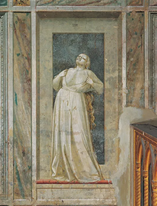 Framed Print : Allegory of Vice and Virtue Wrath, by Giotto, 1306 about, 14th Century, monochrome fresco, cm 120 x 55 - Italy, Veneto, Padua, Scrovegni Chapel. All