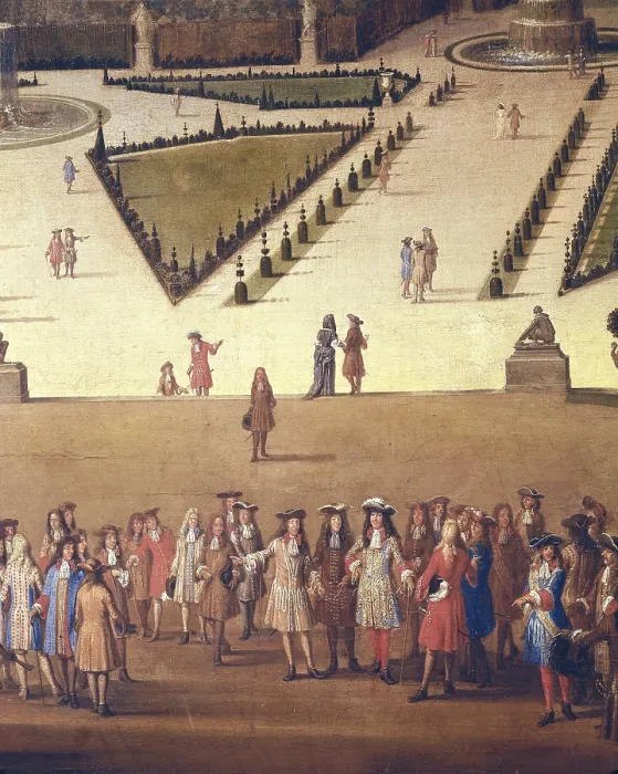 Framed Print : ALLEGRAIN, Etienne (1644-1736). Promenade of Louis XIV by the Parterre du Nord. ca. 1695. Central detail with Louis XIV and the Court. Oil on canvas. FRANCE. Versailles