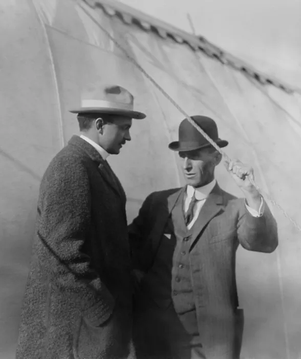 Framed Print : Allen Ryan and Wilbur Wright in discussion, c. 1909-1912. Ryan was chairman of the Committee for the GREAT AERIAL TOURNAMENT at Belmont Park, in Oct. 1910 (BSLOC_2018_2_156)