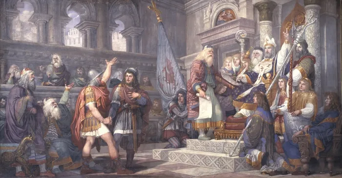 Framed Print : Alliance Oath between the Venetian Republic and bishop Giovanni, by Giovanni Demin, 1839, 19th century, fresco - Italy, Veneto, Belluno, City Hall. Whole artwork view Framed Print : Alliance Oath between the Venetian Republic and bishop Giovanni, by Giovanni Demin, 1839, 19th century, fresco - Italy, Veneto, Belluno, City Hall. Whole artwork view