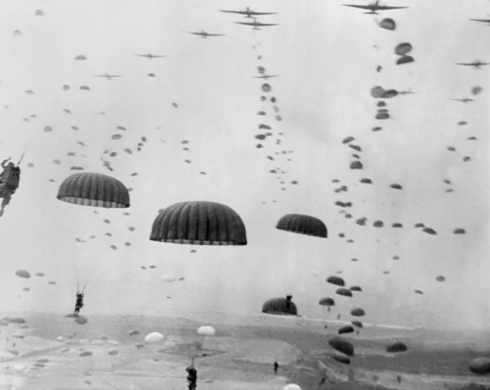 Framed Print : Allied aircraft drop paratroopers into German held Netherlands, for Operation Market Garden. The plan to capture key bridges in Netherlands failed with 15, 000 Allied casualties