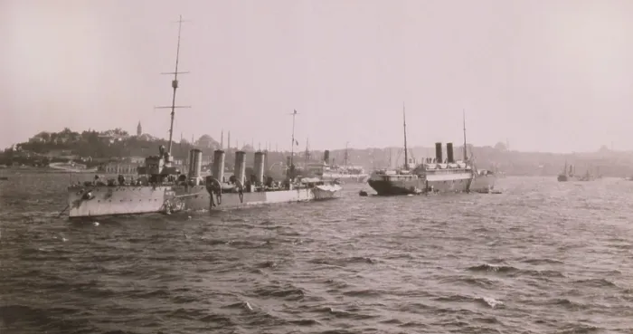 Framed Print : Allied battleships anchored in the harbor of Istanbul in 1923. The victory of Turkish Army under Kemal Pasha in the Greco-Turkish War reopened negotiations with the WW1 victors