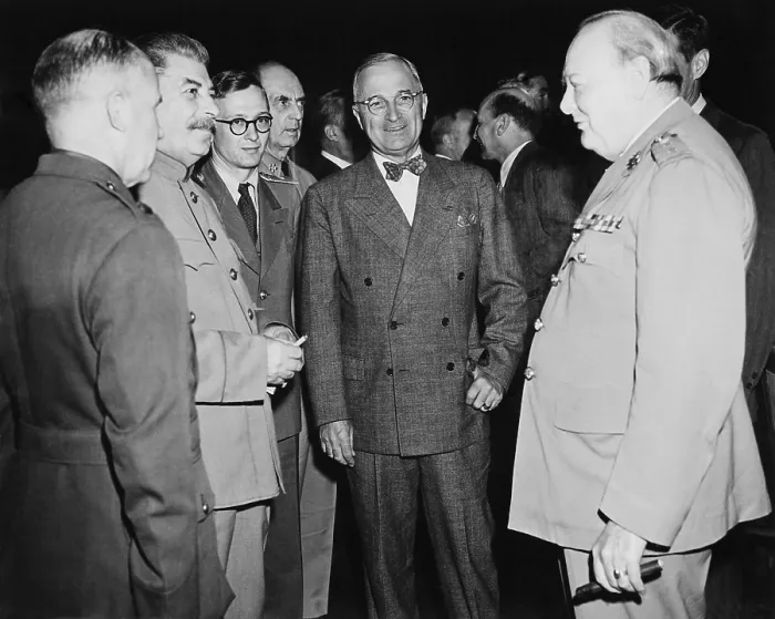 Framed Print : Allied leaders at the Potsdam Conference, July 17- Aug. 2, 1945. L-R: George Marshall, Joseph Stalin, unidentified, William Leahy, Harry Truman, Winston Churchill. World War 2