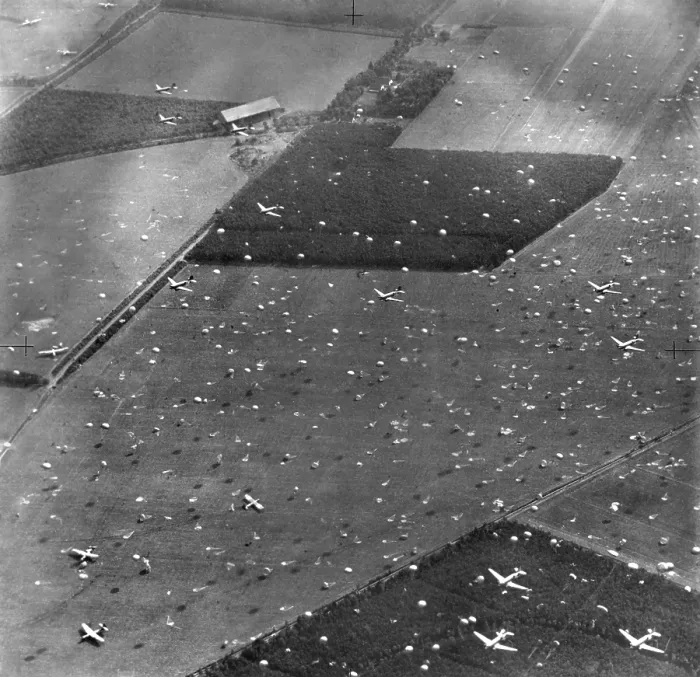 Framed Print : Allied planes drop paratroopers onto Holland's fields already dotted with gliders and airborne troops. Sept. 17, 1944 Framed Print : Allied planes drop paratroopers onto Holland's fields already dotted with gliders and airborne troops. Sept. 17, 1944