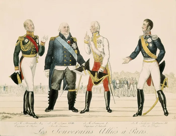 Framed Print : The Allied sovereigns in Paris (1815). From left to right, Tsar Alexander I of Russia, Louis XVIII of France, Francis II of Austria and Frederick William III of Prussia. Etching