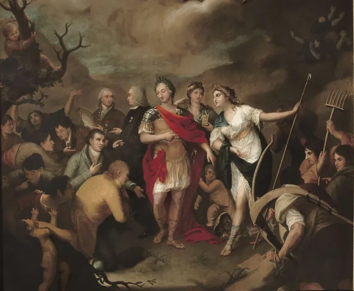 Framed Print : ALONSO DEL RIVERO, Jos (18th century). Charles III handing over the lands of Sierra Morena to the settlers. Detail. Oil on canvas. SPAIN. Madrid. St Framed Print : ALONSO DEL RIVERO, Jos (18th century). Charles III handing over the lands of Sierra Morena to the settlers. Detail. Oil on canvas. SPAIN. Madrid. St