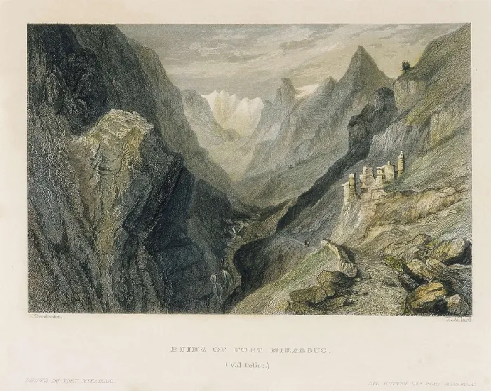 Framed Print : Alps. Ruins of fort Mirabouc in Pelice valley, by William Brockedon. Engraving. AISA / Everett Collection**US SALES ONLY**