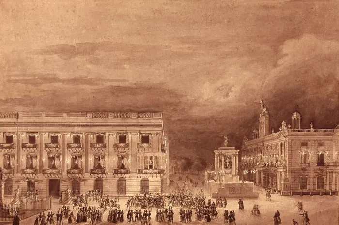 Framed Print : ALSAMORA, Onofre (1825-1880). Plaza de Palacio (Palace Square) of Barcelona Adorned in 1833. c. 1833. Engraving. SPAIN. Barcelona. Barcelona City History Museum