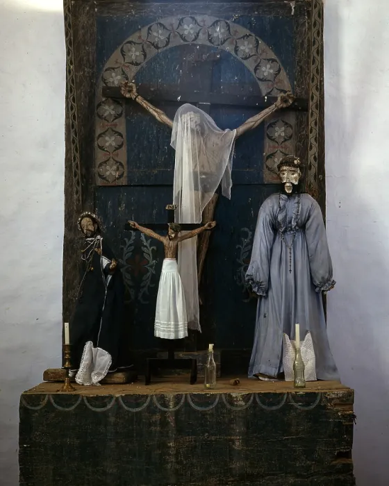 Framed Print : Altar in the church, Trampas, New Mexico. The prevailing colors are grey and blue. A Coca-Cola bottle is used as a candle holder, John Collier photographer, 1943