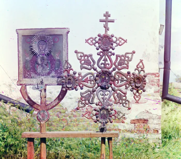 Framed Print : Altar cross and icon in the Church of the Transfiguration, Pidma, Russia, ca. 1909