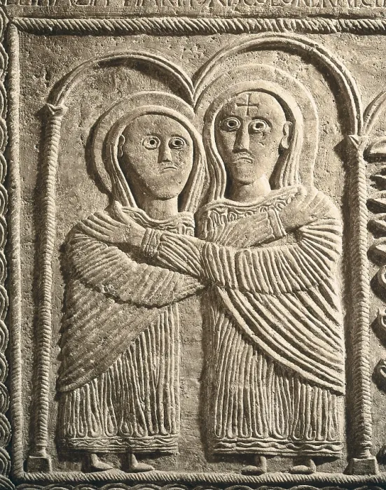 Framed Print : Altar of Duke Ratchis. 740s. Visitation of Mary. Detail. Lombardian romanesque art. Romanesque art. Relief on marble. ITALY. Cividale del Friuli. Duomo's Christian Museum Framed Print : Altar of Duke Ratchis. 740s. Visitation of Mary. Detail. Lombardian romanesque art. Romanesque art. Relief on marble. ITALY. Cividale del Friuli. Duomo's Christian Museum