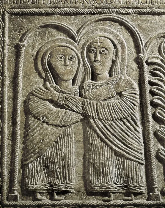 Framed Print : Altar of Duke Ratchis. 740s. Visitation of Mary. Detail. Lombardian romanesque art. Romanesque art. Relief on marble. ITALY. Cividale del Friuli. Duomo's Christian Museum