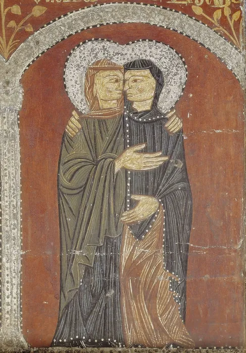 Framed Print : Altar Frontal from Mosoll. 13th c. Upper detail, the representation of the visitation. Tempera painting on wood with stucco decoration and colradura. Romanesque art