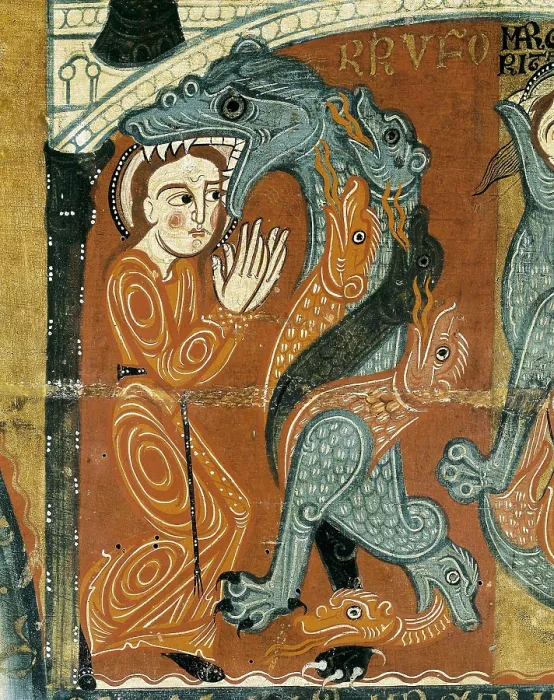 Framed Print : Altar frontal from Santa Margarida de Vilaseca. 2nd half 12th c. Upper right detail. Scene of St. Margaret and the dragon. Romanesque art. Tempera on wood. SPAIN. Vic