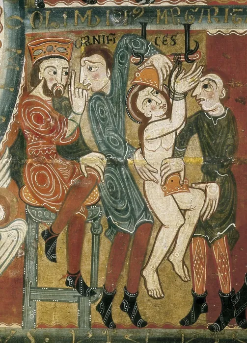 Framed Print : Altar frontal from Santa Margarida de Vilaseca. 2nd half 12th c. Right lower detail. Scene of the martyrdom of St. Margaret with incandescent sheets. Romanesque art