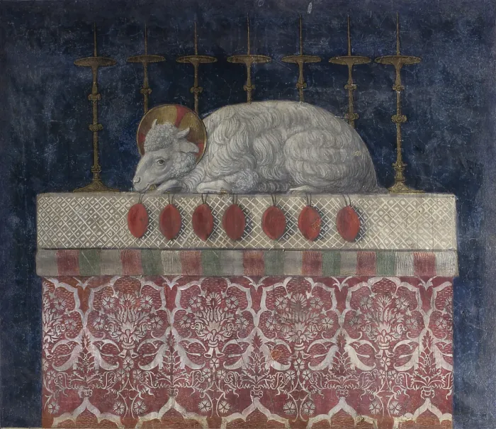 Framed Print : Altar with lamb, by Benozzo di Lese di Sandro detto Benozzo Gozzoli, 1459, 15th Century, fresco - Italy, Tuscany, Florence, Medici Riccardi Palace, Chapel of the Magi. Detail Framed Print : Altar with lamb, by Benozzo di Lese di Sandro detto Benozzo Gozzoli, 1459, 15th Century, fresco - Italy, Tuscany, Florence, Medici Riccardi Palace, Chapel of the Magi. Detail