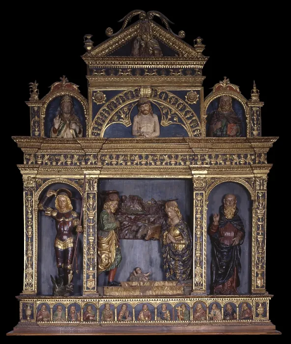 Framed Print : Altar Piece, by Pietro Bussolo, 1494, 15th Century, painted and golden wood - Italy, Lombardy, Grosio, Church of Saint George. Whole artwork view