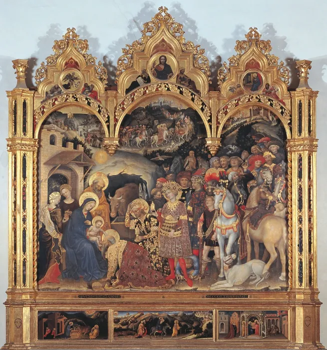 Framed Print : Altarpiece with the Adoration of the Magi, by Gentile di Niccol known as Gentile da Fabriano, 1423 about, 15th Century, tempera on panel, cm 303 x 282 - Italy, Tuscany, Florence Framed Print : Altarpiece with the Adoration of the Magi, by Gentile di Niccol known as Gentile da Fabriano, 1423 about, 15th Century, tempera on panel, cm 303 x 282 - Italy, Tuscany, Florence