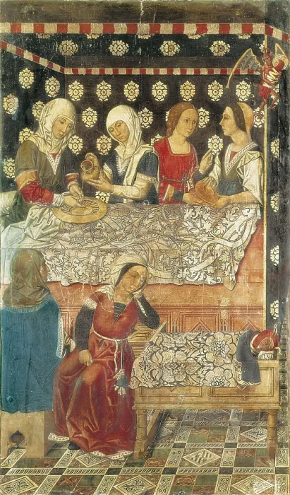 Framed Print : Altarpiece of Saint Stephen. ca. 1492 - ca. 1500. Detail of the Nativity of St. Stephen. Modernism. Tempera on wood. SPAIN. Barcelona. National Art Museum of Catalonia Framed Print : Altarpiece of Saint Stephen. ca. 1492 - ca. 1500. Detail of the Nativity of St. Stephen. Modernism. Tempera on wood. SPAIN. Barcelona. National Art Museum of Catalonia