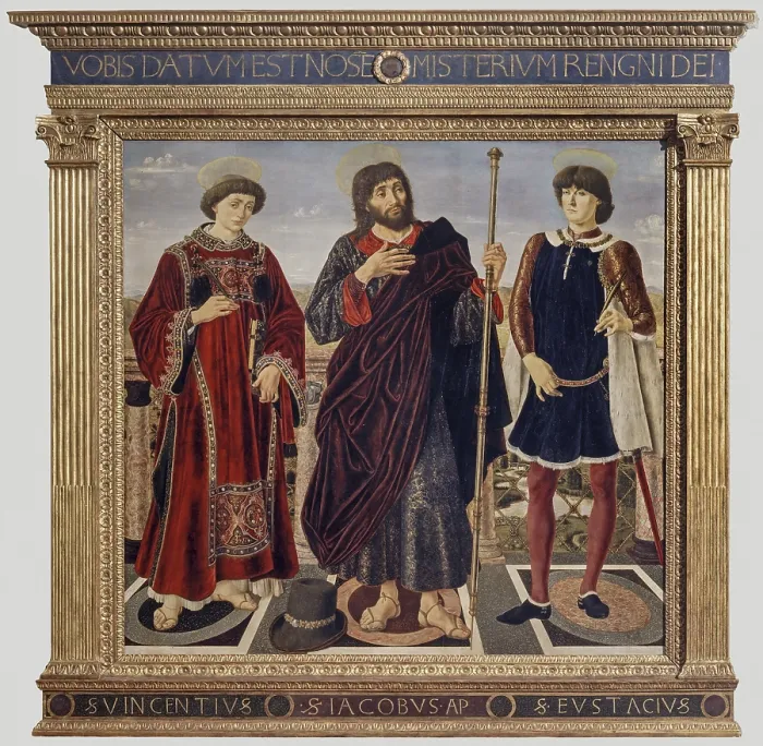 Framed Print : Altarpiece of the Three Saints (Pala dei tre santi o Pala del cardinale del Portogallo), by Antonio Pollaiolo, 1466-1467, 15th Century, oil on board, 172 x 179 cm - Italy