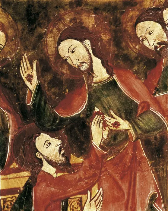 Framed Print : Altarpiece of St. s.XIV. Left detail depicting the doubt of St. Thomas. Tempera on wood. SPAIN. Barcelona. National Art Museum of Catalonia