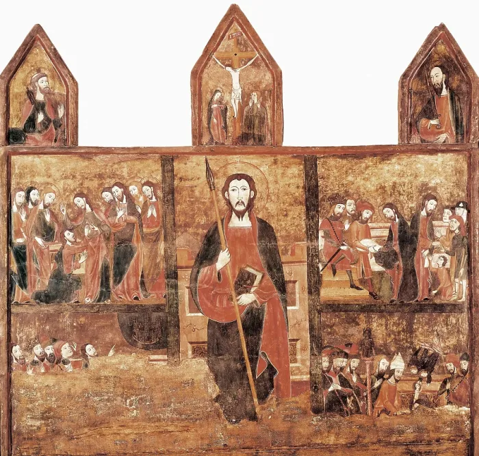 Framed Print : Altarpiece of St. s.XIV. Life scenes of St. Thomas with his figure in the middle and crowned by the crucifixion. Linear gothic. Tempera on wood. SPAIN. Barcelona