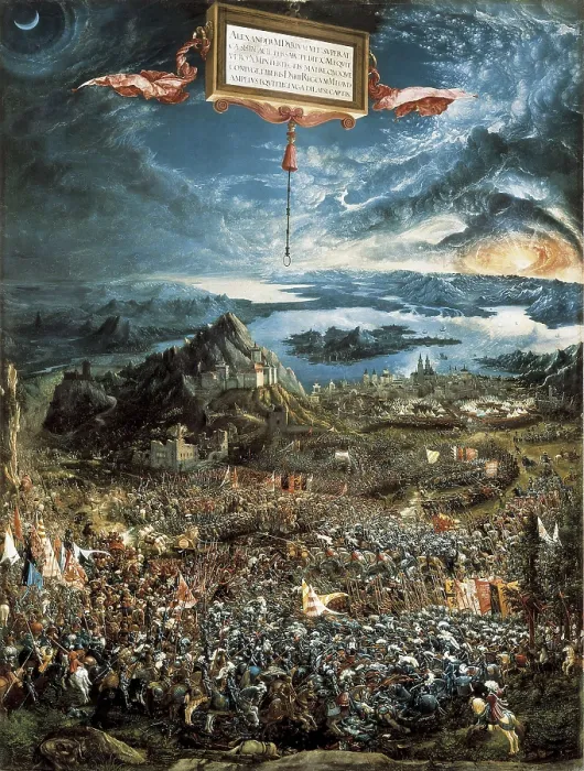 Framed Print : ALTDORFER, Altbrecht (1480-1538). The Battle of Issus, or The Victory of Alexander the Great. 1529. It represents the victory of alexander the Great. Oil on limewood