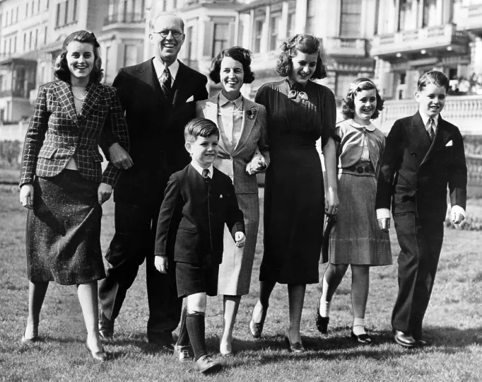 Framed Print : Ambassador Joseph P. Kennedy and family, (l-r) Kathleen, wife Rose, Patricia, Jeanne, Robert, (front) Edward, London, England, March 26, 1938