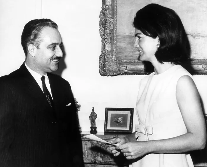 Framed Print : Ambassador Talat Al-Ghoussein of Kuwait and Jacqueline Kennedy, after he presented her with a fifty thousand dollar check for the John F