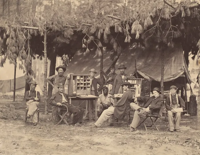 Framed Print : Ambulance Department of the 9th Army Corps, at Petersburg, Virginia, in August 1864. Their outdoor office is sheltered from the sun by canvas and pine branches (BSLOC_2019_2_38) Framed Print : Ambulance Department of the 9th Army Corps, at Petersburg, Virginia, in August 1864. Their outdoor office is sheltered from the sun by canvas and pine branches (BSLOC_2019_2_38)