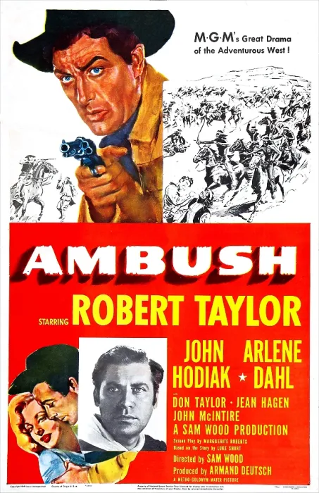 Framed Print : AMBUSH, US poster, Robert Taylor (top), bottom from left: Arlene Dahl, Robert Taylor, John Hodiak (inset), 1950