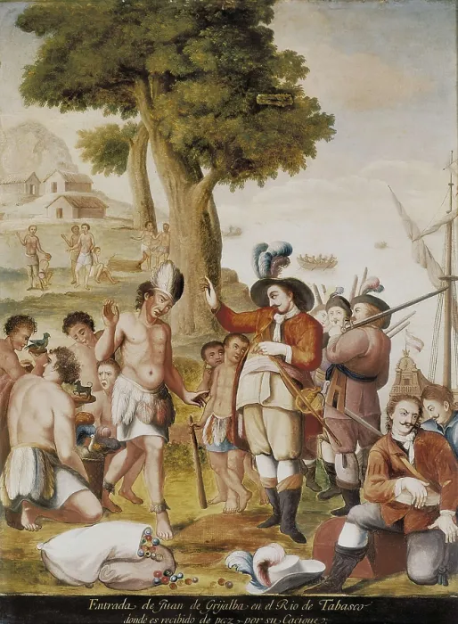 Framed Print : America (16th c.). Spanish conquest of Mexico. Entrance of Juan de Grijalva into the Tabasco estuary. Painting belonging to the series 'Conquest of Mxico'. Painting Framed Print : America (16th c.). Spanish conquest of Mexico. Entrance of Juan de Grijalva into the Tabasco estuary. Painting belonging to the series 'Conquest of Mxico'. Painting