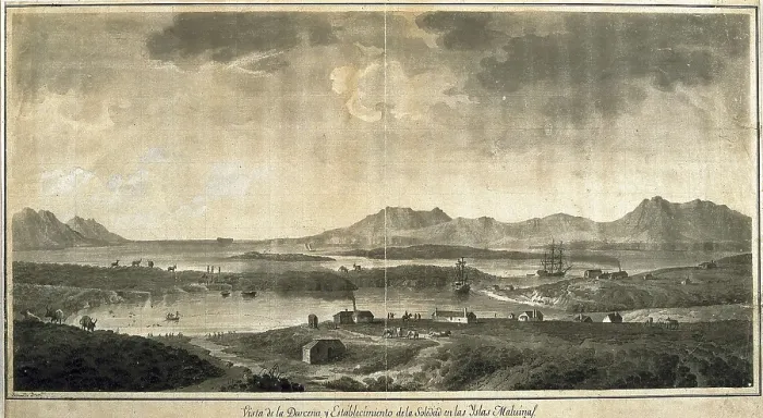 Framed Print : America (18th c.). Falkland Island. Dock and settlement of La Soledad. Picture by Fernando Brambila during the scientific expedition of Alejandro Malaspina (1789-1794) Framed Print : America (18th c.). Falkland Island. Dock and settlement of La Soledad. Picture by Fernando Brambila during the scientific expedition of Alejandro Malaspina (1789-1794)