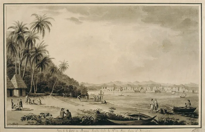 Framed Print : America (18th c.). Panama. View of the city from the island of Naos. Drawing by Fernando Brambila illustrating the scientific expedition of Alejandro Malaspina (1789-1794) Framed Print : America (18th c.). Panama. View of the city from the island of Naos. Drawing by Fernando Brambila illustrating the scientific expedition of Alejandro Malaspina (1789-1794)