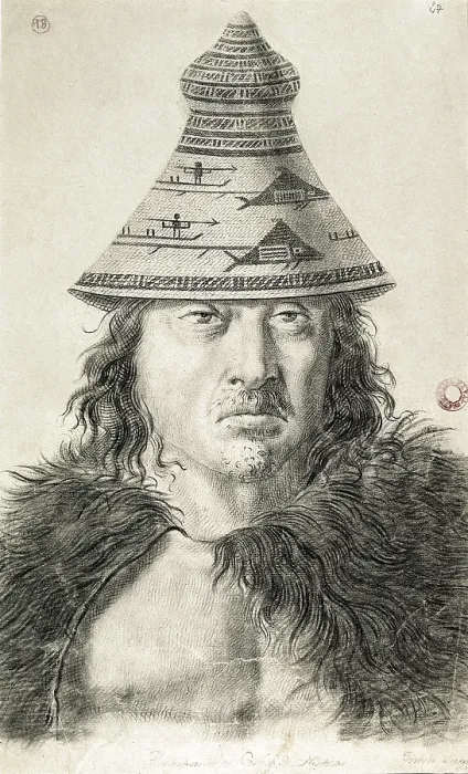 Framed Print : America. Canada. Expedition of Malaspina (1789-1794). Tlupanamabu, cacique of the Nutka island. Pen and charcoal drawing by TomAs Suria. Drawing. SPAIN. Madrid. Navy Museum. - J