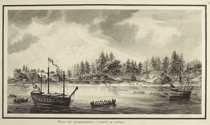 Framed Print : America. Canada. Expedition of Malaspina (1789-1794). View of the settlement and port of Nutka. Drawing by Fernando Brambila. Drawing. SPAIN. Madrid. America's Museum Framed Print : America. Canada. Expedition of Malaspina (1789-1794). View of the settlement and port of Nutka. Drawing by Fernando Brambila. Drawing. SPAIN. Madrid. America's Museum