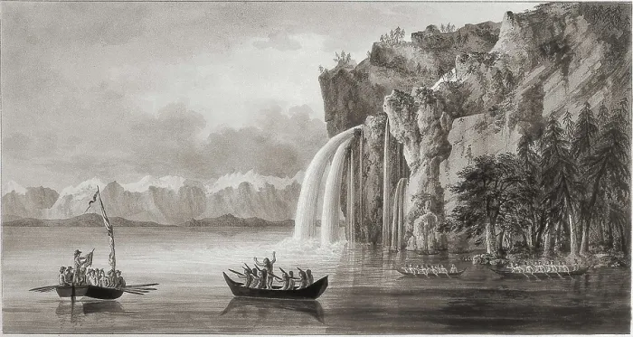 Framed Print : America. Expedition of Malaspina. North-east coast (1791). Bernaci Canal and waterfall. Ink and feather drawing by Fernando Brambila. Drawing. SPAIN. Madrid. America's Museum