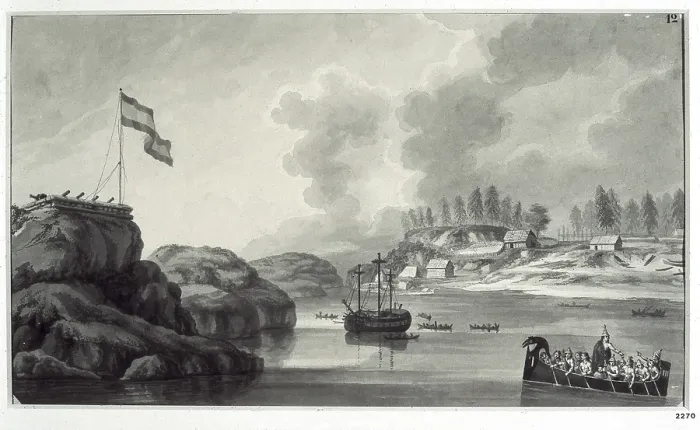 Framed Print : America. Malaspina Expedition (1789-1794). Port of Nutka. Pen and Chinese ink drawing by Jose Cardero. Drawing. SPAIN. Madrid. America's Museum. - J